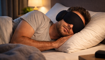 Mand sover roligt i seng med sovemaske og ørepropper – optimal søvn uden forstyrrelser i et hyggeligt soveværelseSov med sovemaske for at sikre et totalt mørke. Alt lys skal være slukket og brug mørklægnings gardiner.