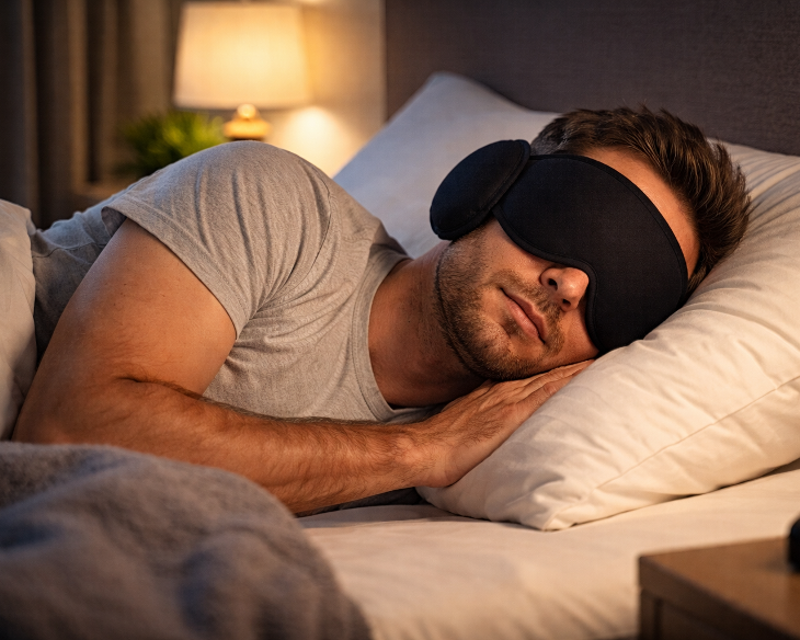 Mand sover roligt i seng med sovemaske og ørepropper – optimal søvn uden forstyrrelser i et hyggeligt soveværelseSov med sovemaske for at sikre et totalt mørke. Alt lys skal være slukket og brug mørklægnings gardiner.