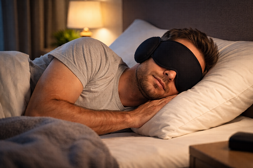 Mand sover roligt i seng med sovemaske og ørepropper – optimal søvn uden forstyrrelser i et hyggeligt soveværelseSov med sovemaske for at sikre et totalt mørke. Alt lys skal være slukket og brug mørklægnings gardiner.